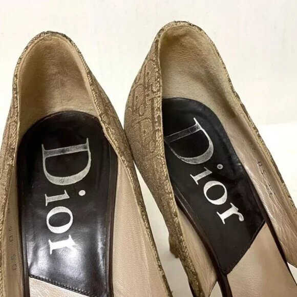 100% Auth DIOR/ChristianDior Beige Dark Brown Jacquard Leather Women's Pumps - Picture 7 of 8